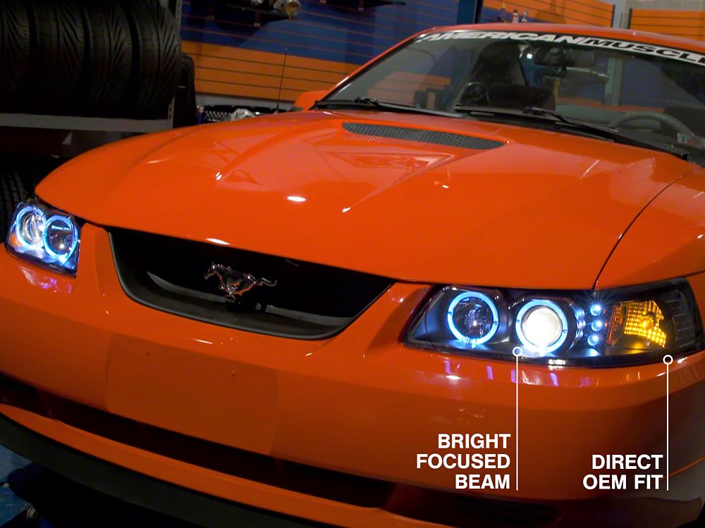 Raxiom Dual LED Halo Projector Headlights; Black Housing; Clear Lens (99-04 Mustang)