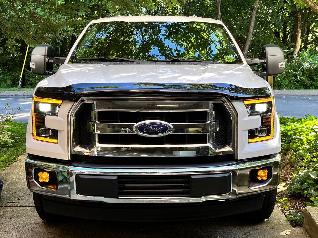 Raxiom LED Projector Headlights with LED Amber DRL; Black Housing; Clear Lens (15-17 F-150 w/ Factory Halogen Headlights)