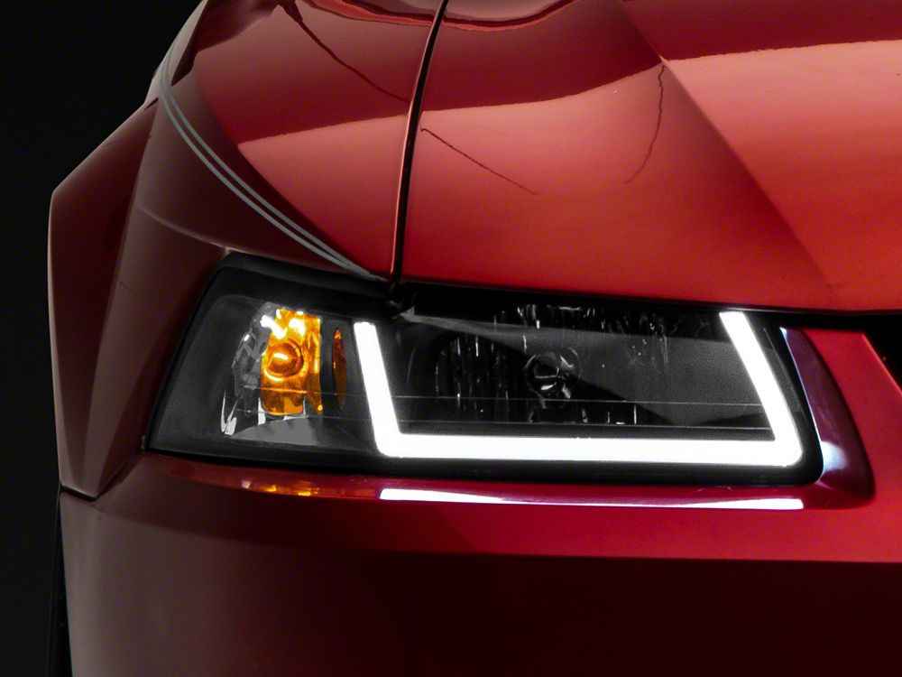 Raxiom Axial Series Headlights with LED Bar; Black Housing; Clear Lens (99-04 Mustang)