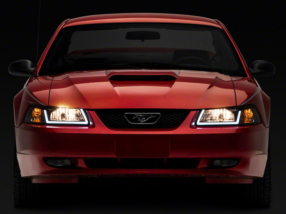 Raxiom Axial Series Headlights with LED Bar; Black Housing; Clear Lens (99-04 Mustang)
