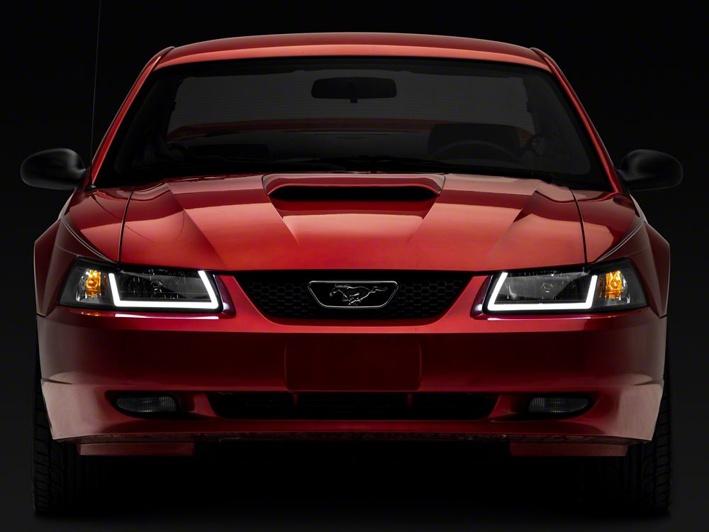 Raxiom Axial Series Headlights with LED Bar; Black Housing; Clear Lens (99-04 Mustang)