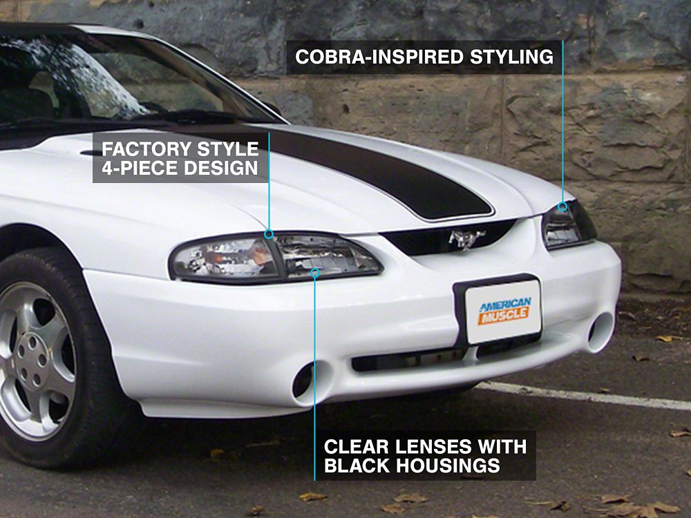 Raxiom Axial Series Cobra Style Headlights; Black Housing; Clear Lens (94-98 Mustang)
