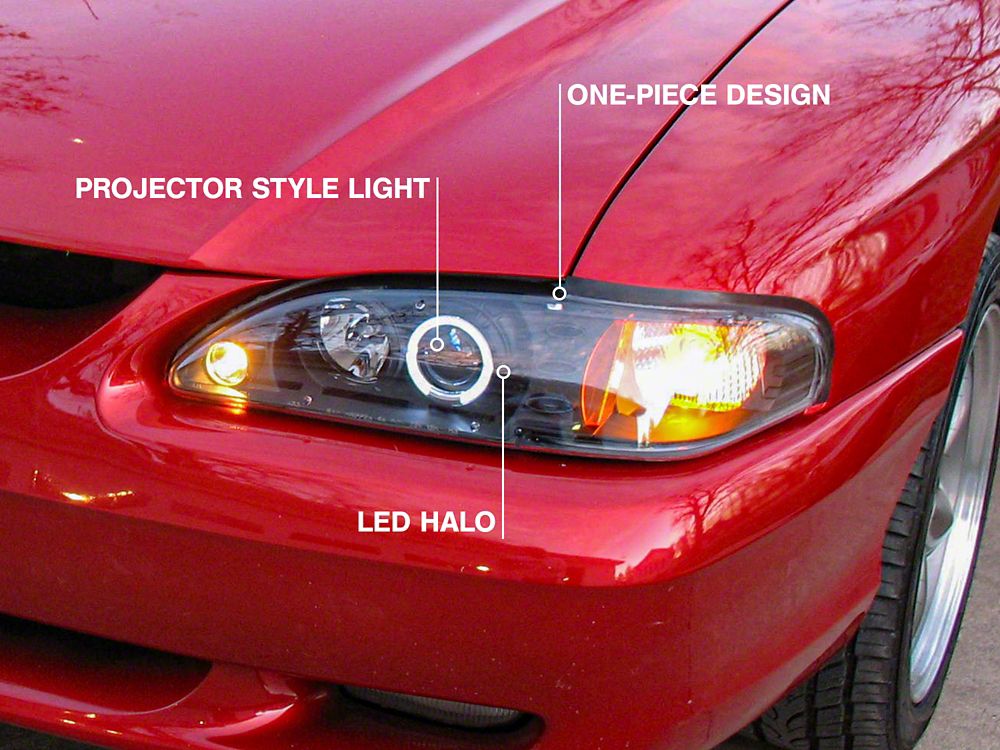 Raxiom LED Halo Projector Headlights; Black Housing; Smoked Lens (94-98 Mustang)