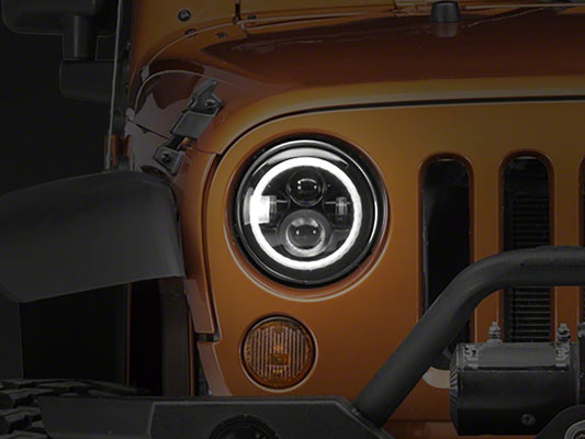 Raxiom Axial Series LED Halo Headlights with DRL and Amber Turn Signals; Black Housing; Clear Lens (97-18 Jeep Wrangler TJ & JK)