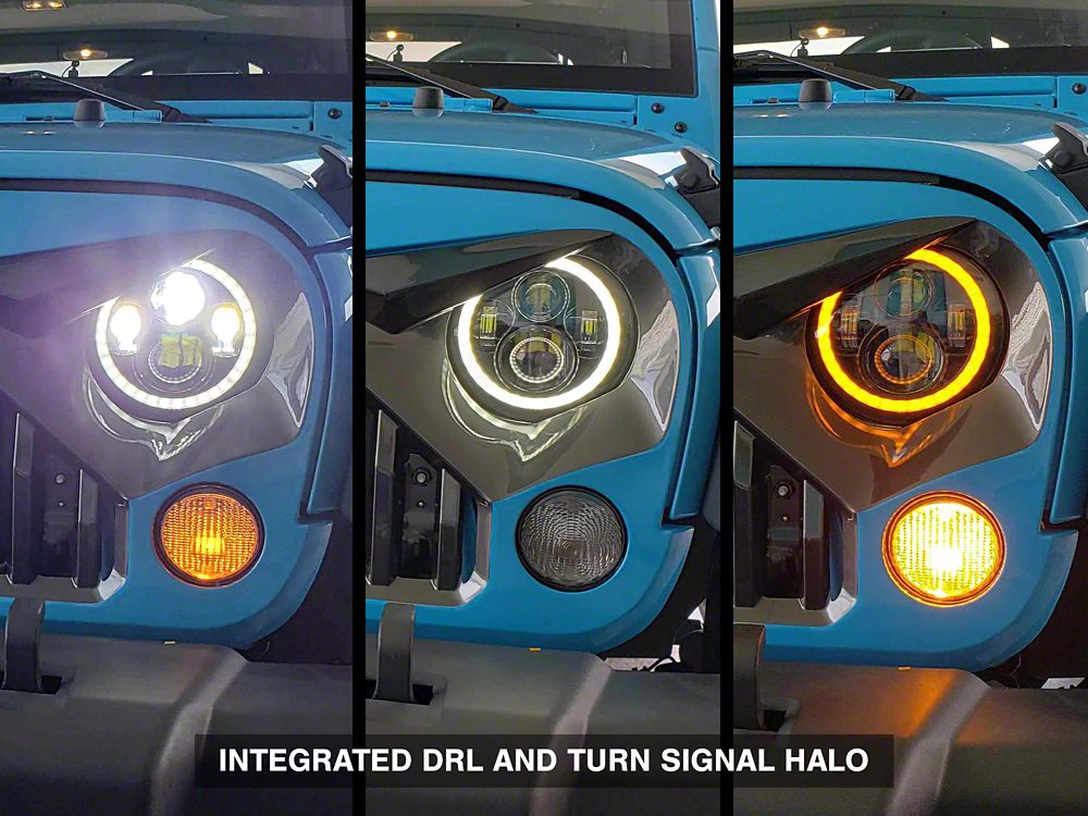 Raxiom Axial Series LED Halo Headlights with DRL and Amber Turn Signals; Black Housing; Clear Lens (97-18 Jeep Wrangler TJ & JK)