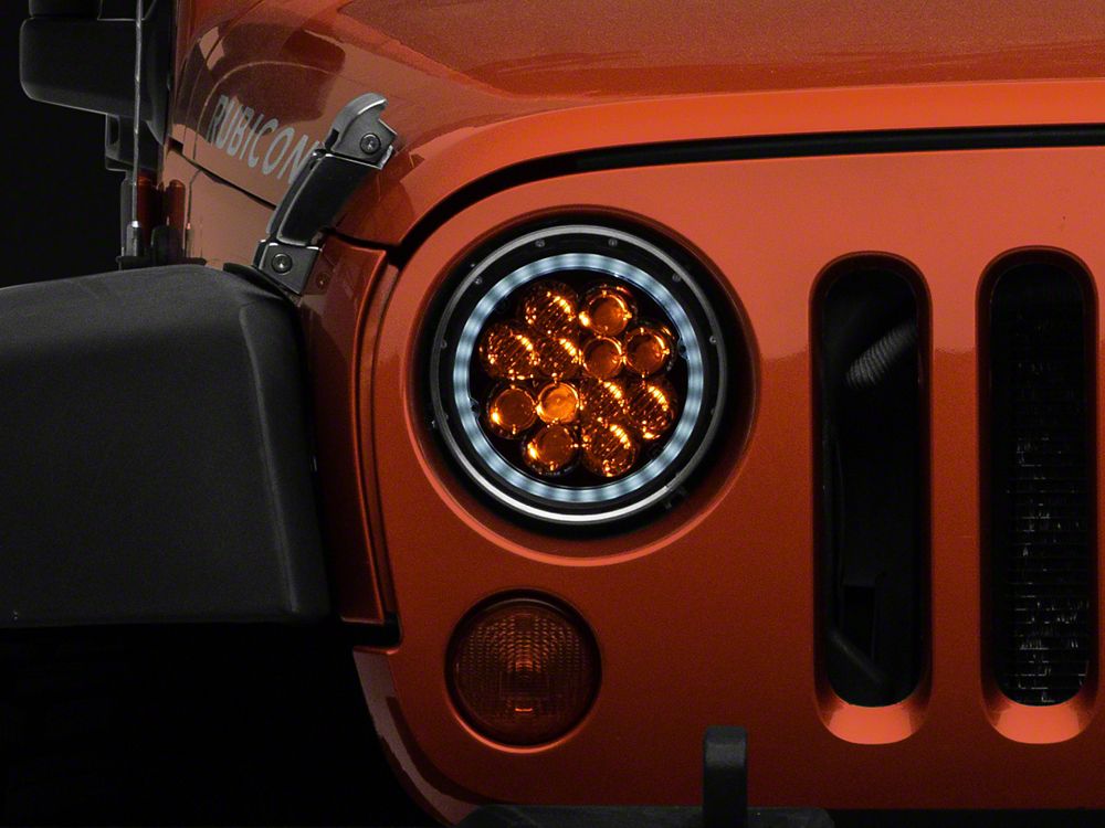 Raxiom Axial Series Spider LED Headlights with Amber DRL and Angel Eye Halo; Chrome Housing; Clear Lens (97-18 Jeep Wrangler TJ & JK)