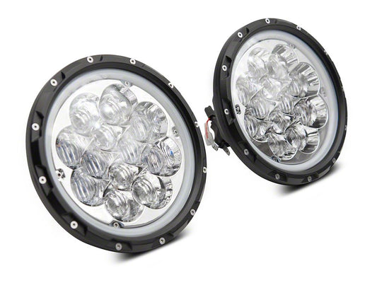Raxiom Axial Series Spider LED Headlights with Amber DRL and Angel Eye Halo; Chrome Housing; Clear Lens (97-18 Jeep Wrangler TJ & JK)