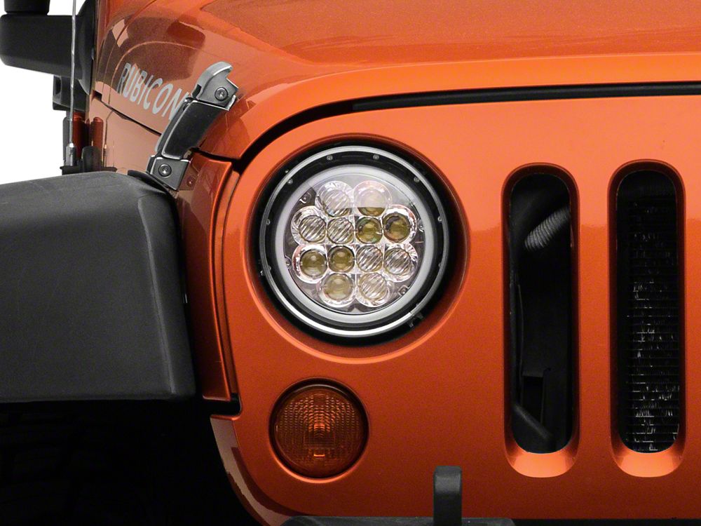 Raxiom Axial Series Spider LED Headlights with Amber DRL and Angel Eye Halo; Chrome Housing; Clear Lens (97-18 Jeep Wrangler TJ & JK)