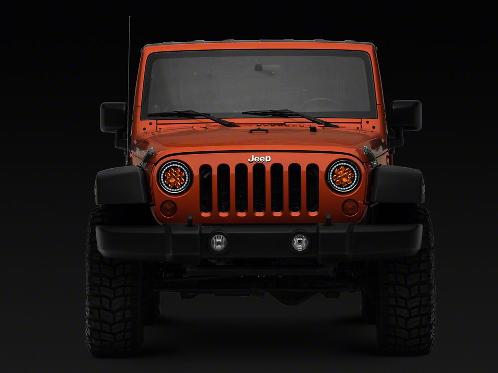 Raxiom Axial Series Spider LED Headlights with Amber DRL and Angel Eye Halo; Chrome Housing; Clear Lens (97-18 Jeep Wrangler TJ & JK)