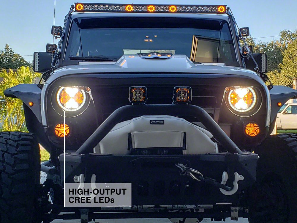 Raxiom Axial Series Spider LED Headlights with Amber DRL and Angel Eye Halo; Chrome Housing; Clear Lens (97-18 Jeep Wrangler TJ & JK)