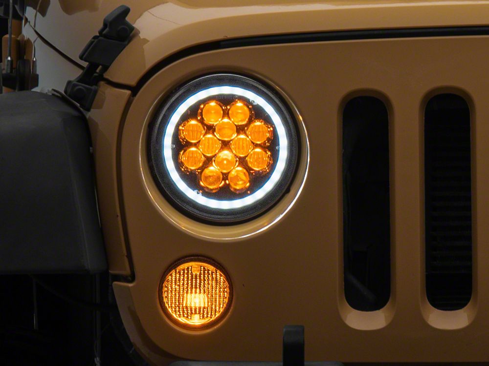 Raxiom Axial Series Spider LED Headlights with Amber DRL and Angel Eye Halo; Black Housing; Clear Lens (07-18 Jeep Wrangler JK)