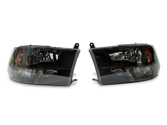 Raxiom Axial Series Euro Style Headlights with Dual Bulb; Black Housing; Clear Lens (09-18 RAM 1500 w/ Factory Halogen Non-Projector Headlights)