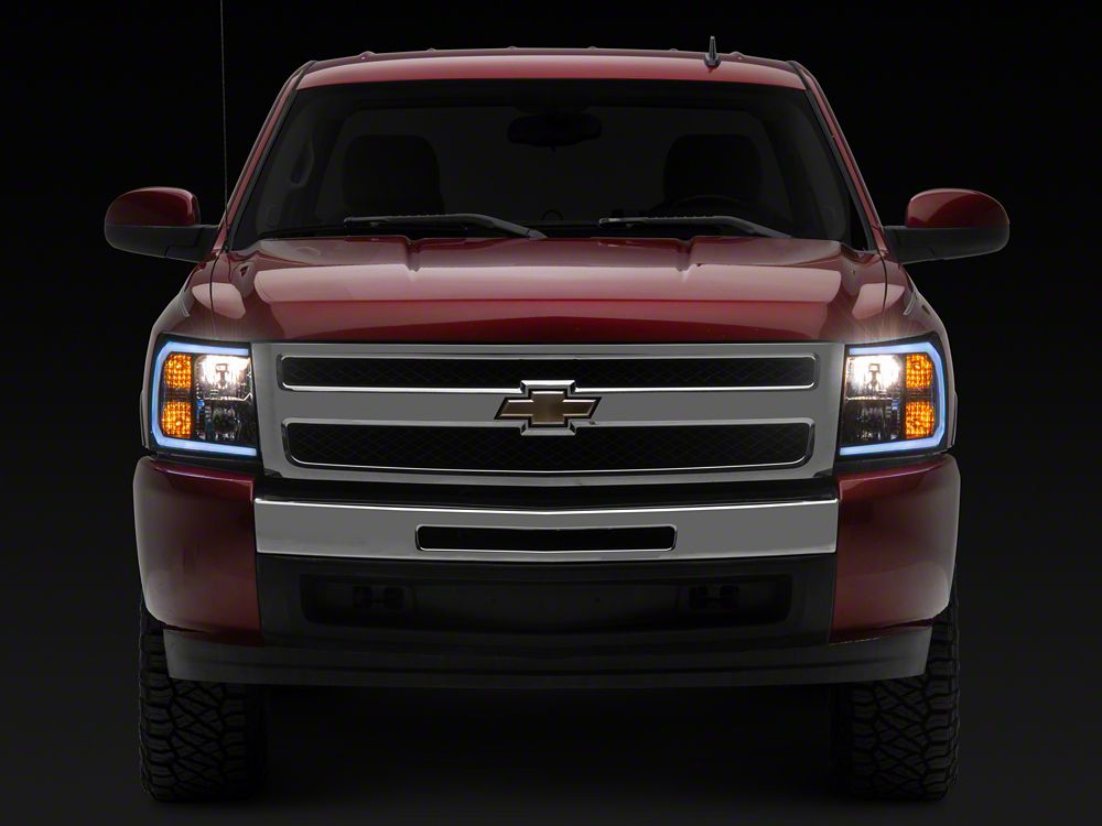 Raxiom Axial Series Headlights with Sequential LED Bar; Black Housing; Clear Lens (07-13 Silverado 1500)