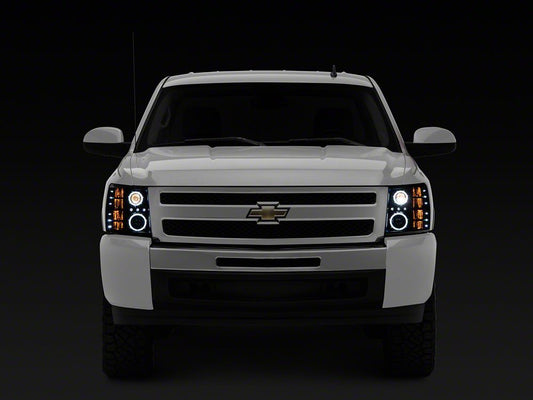 Raxiom Super White LED Halo Projector Headlights with G2 LED Tail Lights; Black Housing; Clear Lens (07-13 Silverado 1500)