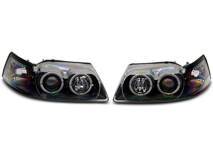 Raxiom Dual LED Halo Projector Headlights; Black Housing; Clear Lens (99-04 Mustang)
