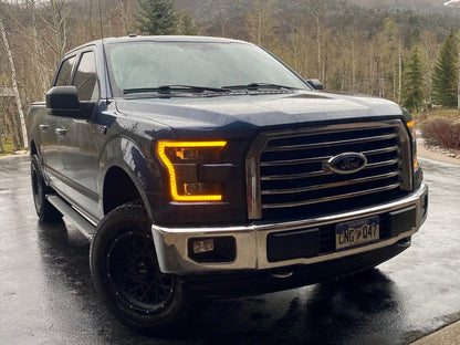 Raxiom LED Projector Headlights with LED Amber DRL; Black Housing; Clear Lens (15-17 F-150 w/ Factory Halogen Headlights)