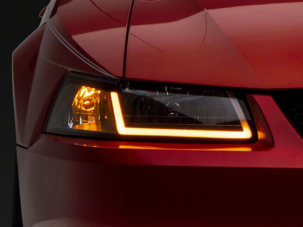 Raxiom Axial Series Headlights with Sequential LED Bar; Black Housing; Clear Lens (99-04 Mustang)