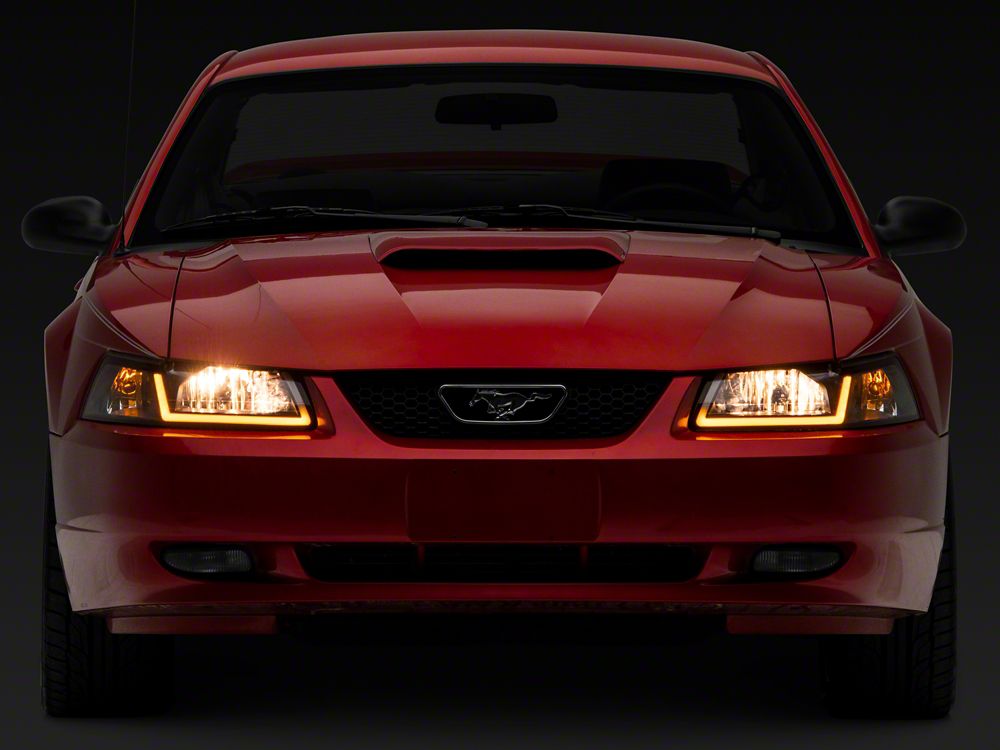 Raxiom Axial Series Headlights with Sequential LED Bar; Black Housing; Clear Lens (99-04 Mustang)
