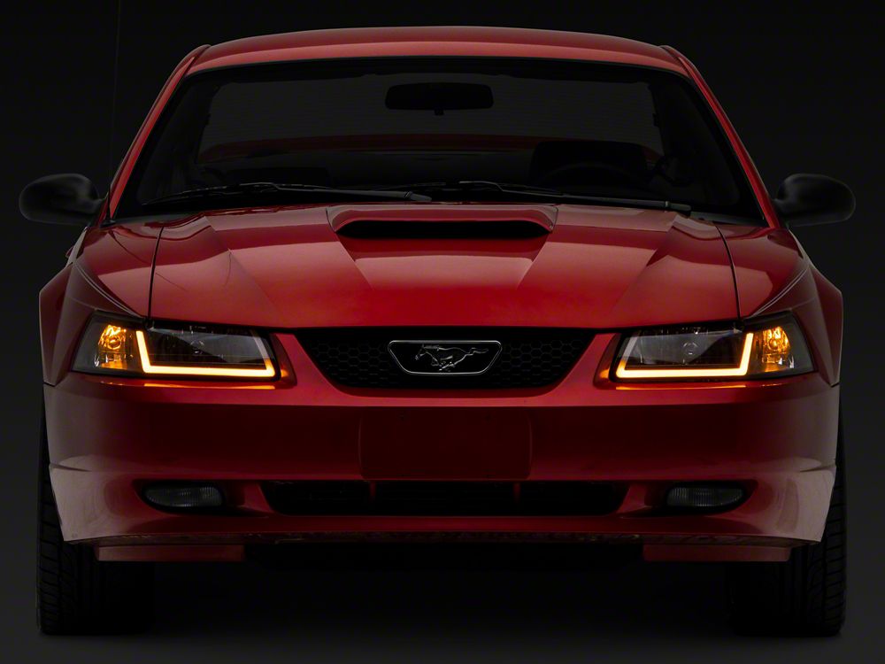 Raxiom Axial Series Headlights with Sequential LED Bar; Black Housing; Clear Lens (99-04 Mustang)