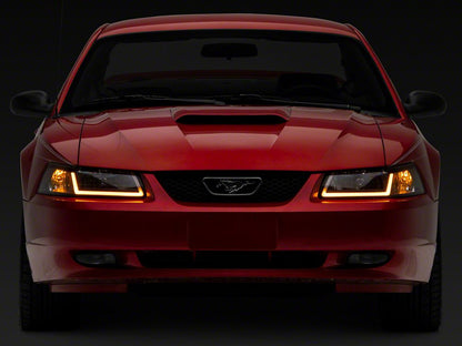 Raxiom Axial Series Headlights with Sequential LED Bar; Black Housing; Clear Lens (99-04 Mustang)