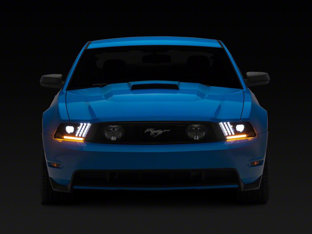 Raxiom LED Projector Headlights with DRL and Sequential Turn Signals; Black Housing; Clear Lens (10-12 Mustang w/ Factory Halogen Headlights)