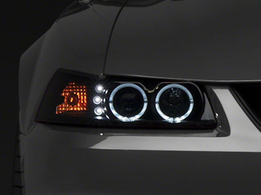 Raxiom Dual LED Halo Projector Headlights; Black Housing; Smoked Lens (99-04 Mustang)
