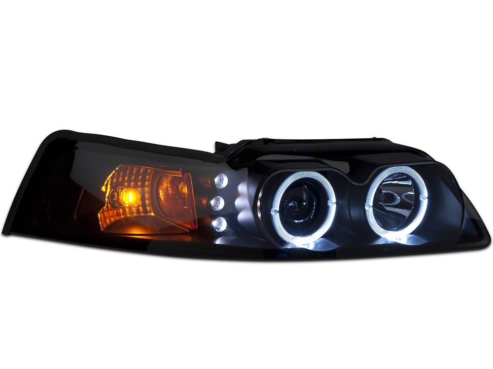 Raxiom Dual LED Halo Projector Headlights; Black Housing; Smoked Lens (99-04 Mustang)