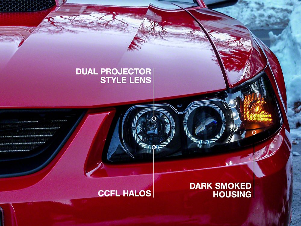 Raxiom Dual LED Halo Projector Headlights; Black Housing; Smoked Lens (99-04 Mustang)