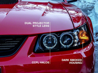 Raxiom Dual LED Halo Projector Headlights; Black Housing; Smoked Lens (99-04 Mustang)