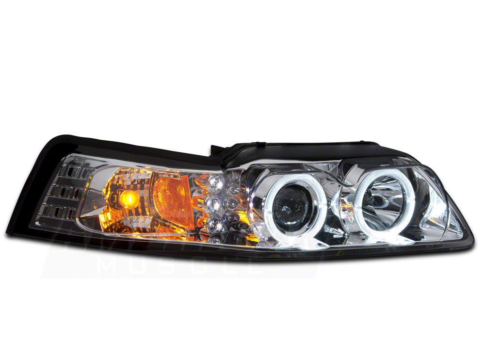 Raxiom Dual LED Halo Projector Headlights; Chrome Housing; Clear Lens (99-04 Mustang)