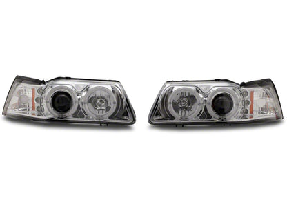 Raxiom Dual LED Halo Projector Headlights; Chrome Housing; Clear Lens (99-04 Mustang)