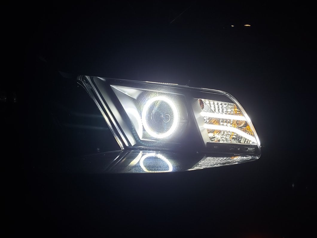 Raxiom LED Halo Projector Headlights; Black Housing; Clear Lens (13-14 Mustang w/ Factory HID Headlights)