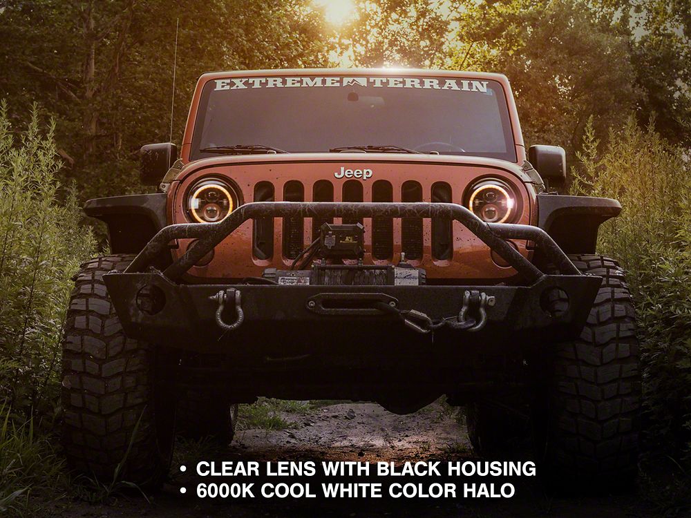 Raxiom Axial Series LED Halo Headlights with DRL and Amber Turn Signals; Black Housing; Clear Lens (97-18 Jeep Wrangler TJ & JK)