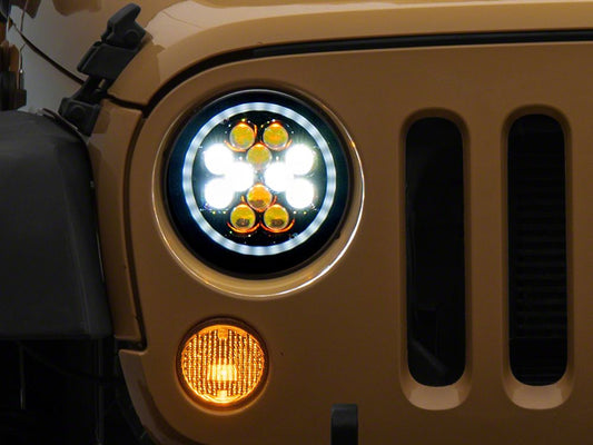 Raxiom Axial Series Spider LED Headlights with Amber DRL and Angel Eye Halo; Black Housing; Clear Lens (07-18 Jeep Wrangler JK)