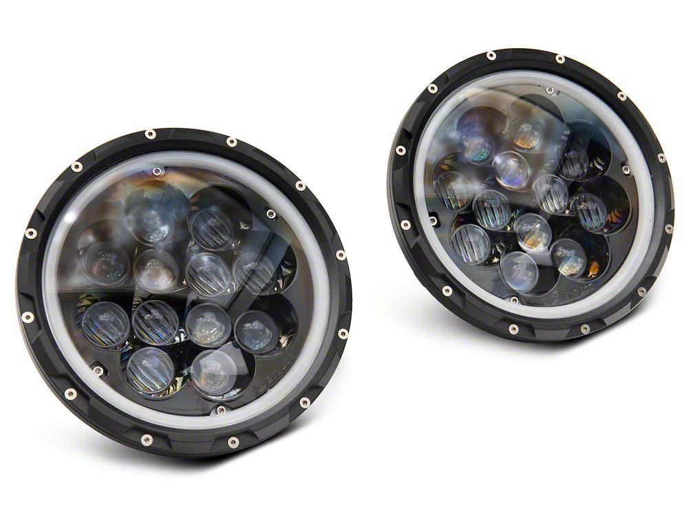 Raxiom Axial Series Spider LED Headlights with Amber DRL and Angel Eye Halo; Black Housing; Clear Lens (07-18 Jeep Wrangler JK)