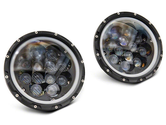 Raxiom Axial Series Spider LED Headlights with Amber DRL and Angel Eye Halo; Black Housing; Clear Lens (07-18 Jeep Wrangler JK)