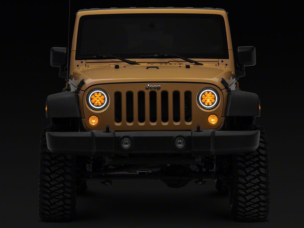 Raxiom Axial Series Spider LED Headlights with Amber DRL and Angel Eye Halo; Black Housing; Clear Lens (07-18 Jeep Wrangler JK)