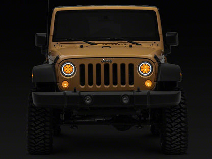 Raxiom Axial Series Spider LED Headlights with Amber DRL and Angel Eye Halo; Black Housing; Clear Lens (07-18 Jeep Wrangler JK)