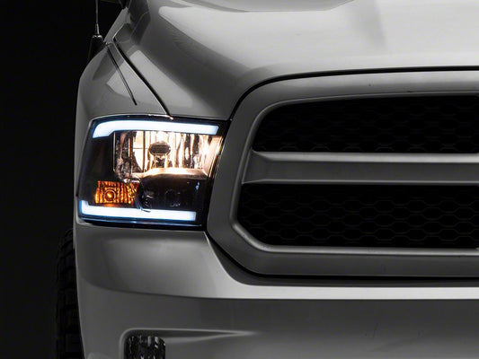 Raxiom Axial Series Headlights with LED Bar; Black Housing; Clear Lens (09-18 RAM 1500 w/ Factory Halogen Non-Projector Headlights)