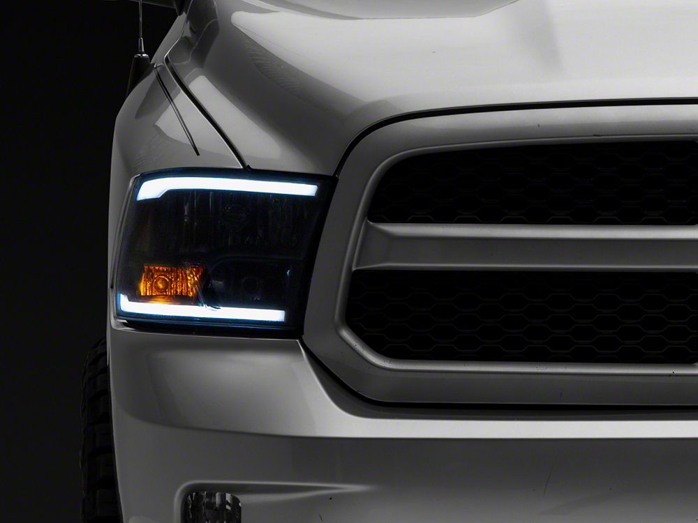 Raxiom Axial Series Headlights with LED Bar; Black Housing; Clear Lens (09-18 RAM 1500 w/ Factory Halogen Non-Projector Headlights)