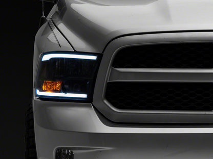 Raxiom Axial Series Headlights with LED Bar; Black Housing; Clear Lens (09-18 RAM 1500 w/ Factory Halogen Non-Projector Headlights)
