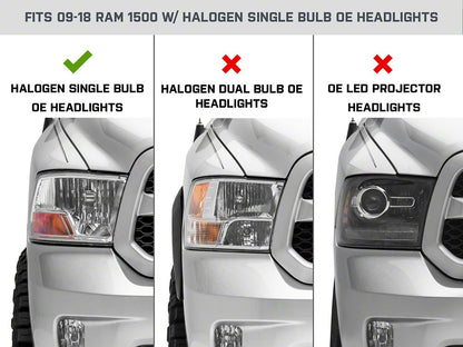 Raxiom Axial Series Euro Style Headlights with Single Bulb; Black Housing; Clear Lens (09-18 RAM 1500 w/ Factory Halogen Non-Projector Headlights)