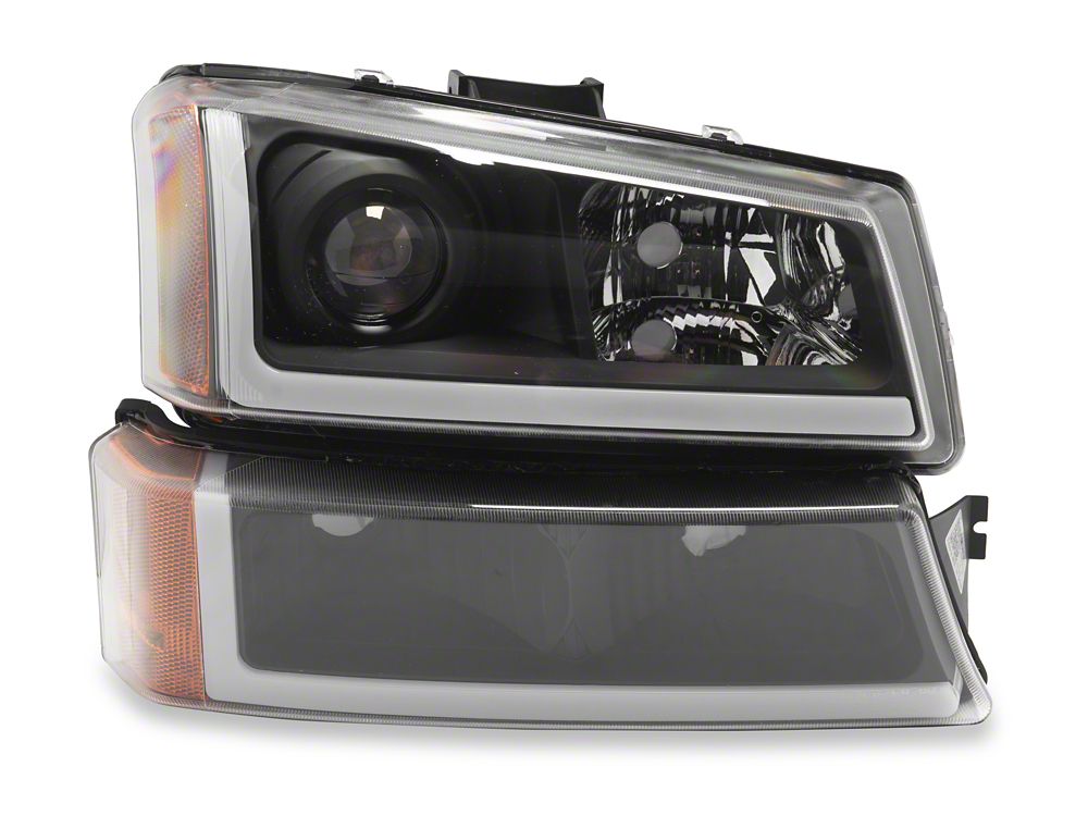Raxiom LED Light Bar OE Style Projector Headlights with Bumper Lights; Black Housing; Clear Lens (03-06 Silverado 1500)