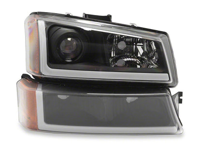 Raxiom LED Light Bar OE Style Projector Headlights with Bumper Lights; Black Housing; Clear Lens (03-06 Silverado 1500)
