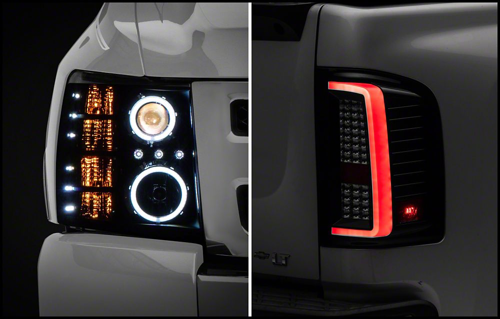 Raxiom Super White LED Halo Projector Headlights with G2 LED Tail Lights; Black Housing; Clear Lens (07-13 Silverado 1500)