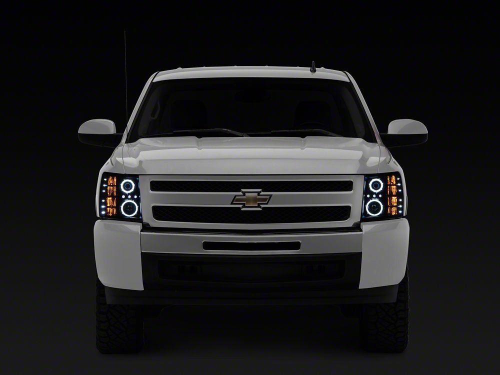 Raxiom Super White LED Halo Projector Headlights with G2 LED Tail Lights; Black Housing; Clear Lens (07-13 Silverado 1500)