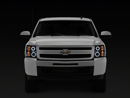 Raxiom Super White LED Halo Projector Headlights with G2 LED Tail Lights; Black Housing; Clear Lens (07-13 Silverado 1500)