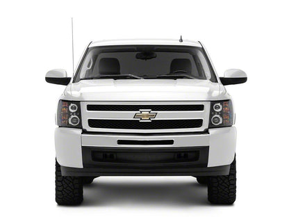 Raxiom Super White LED Halo Projector Headlights with G2 LED Tail Lights; Black Housing; Clear Lens (07-13 Silverado 1500)