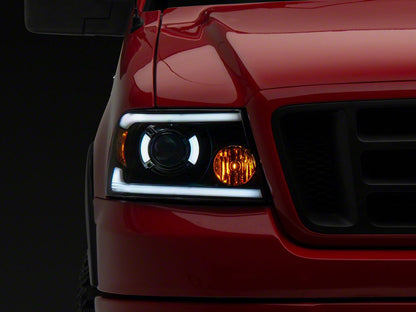 Raxiom Axial Series Projector Headlights with Sequential LED Bar; Black Housing; Clear Lens (04-08 F-150)