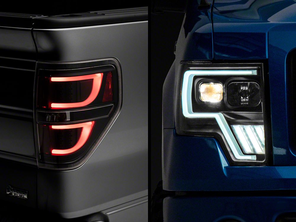 Raxiom Axial Series G4 Light Bar Switchback Projector Headlights and G2 LED Tail Lights; Black Housing; Clear Lens (09-14 F-150 Styleside w/ Factory Halogen Headlights)